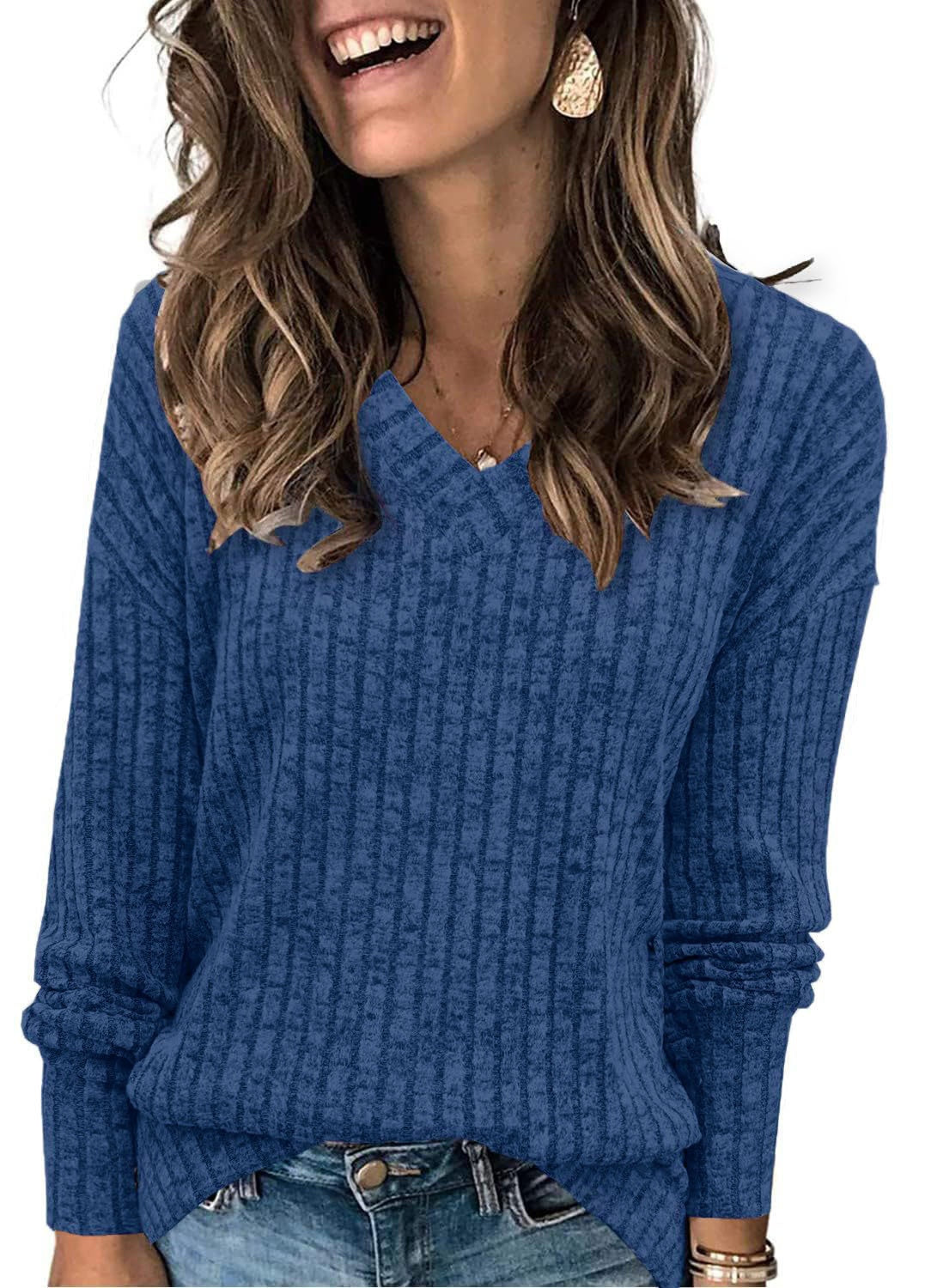 V-Neck Long Sleeve Brushed Stripe Tee