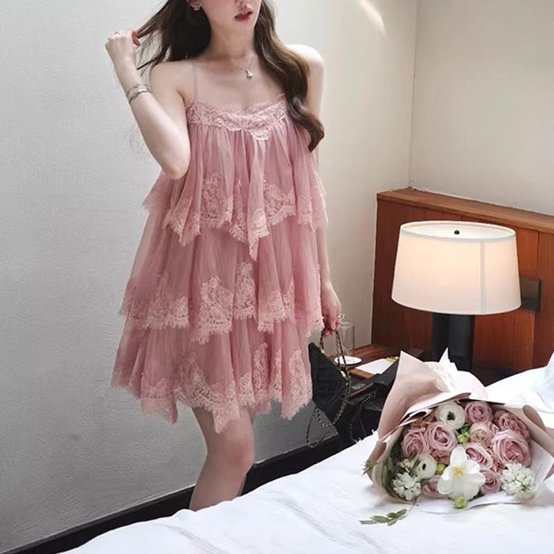 French Lace Backless Fairy-like Tiered Dress