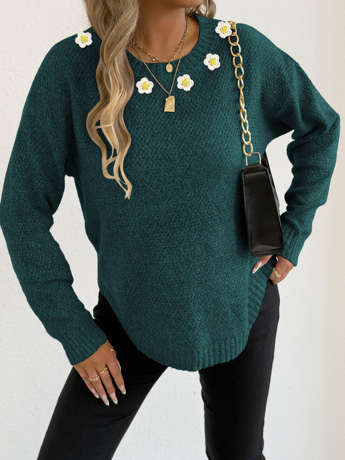 Women's Crochet Patchwork Round Neck Comfort and Casual Sweater