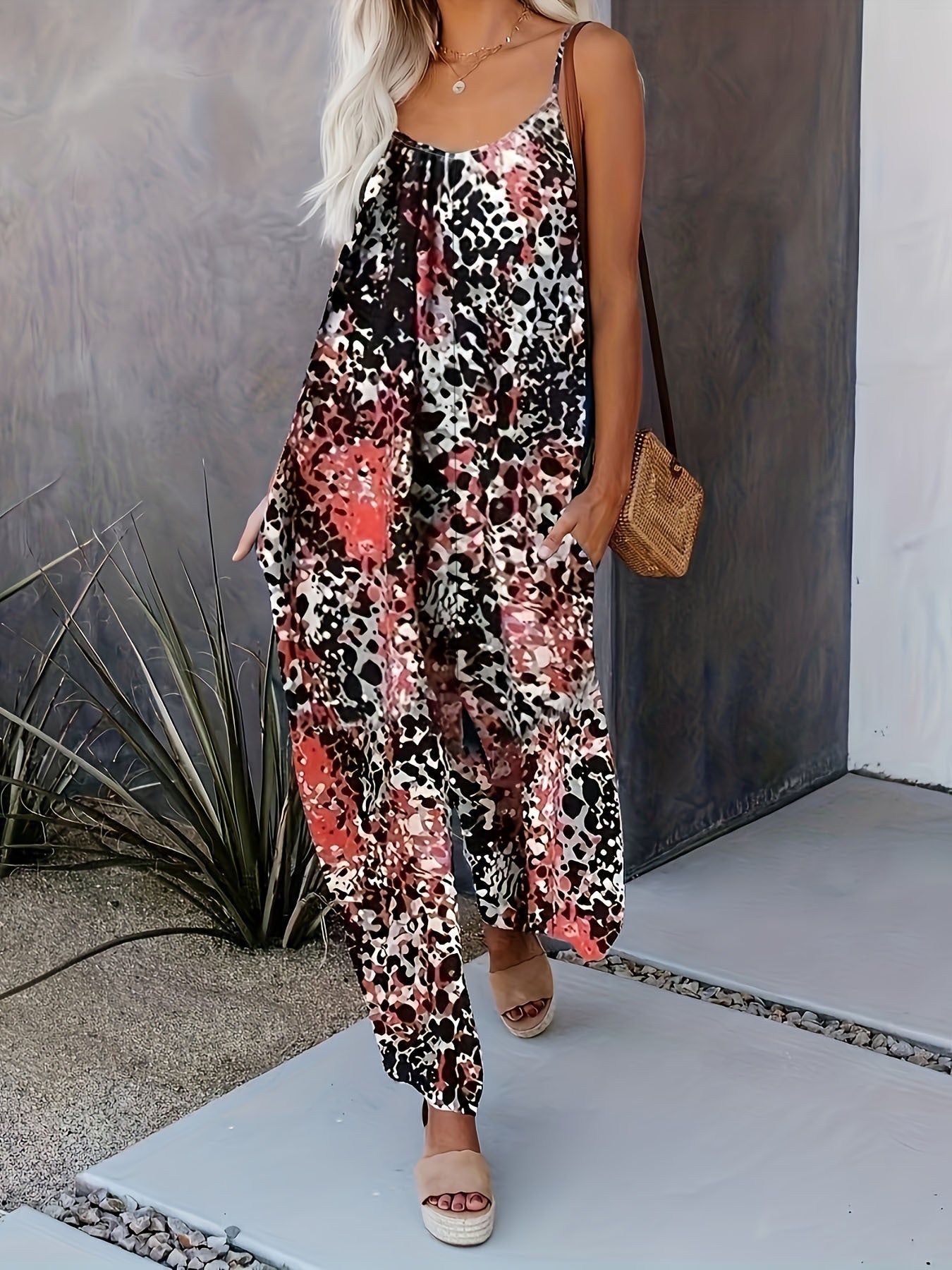 Women's Casual Strappy Printed Sleeveless Jumpsuit