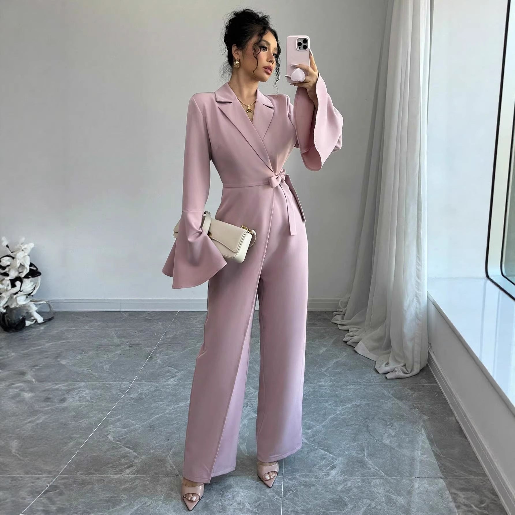 Elegant Solid Flared-Sleeve Wide-Leg Jumpsuit