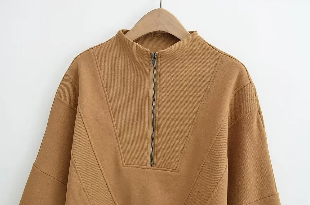 Women's Casual Half-Zip Solid Color Short Sweatshirt