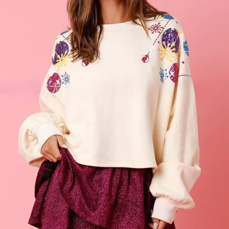 Women's Christmas Sequined Round Neck Holiday Pullover Sweater