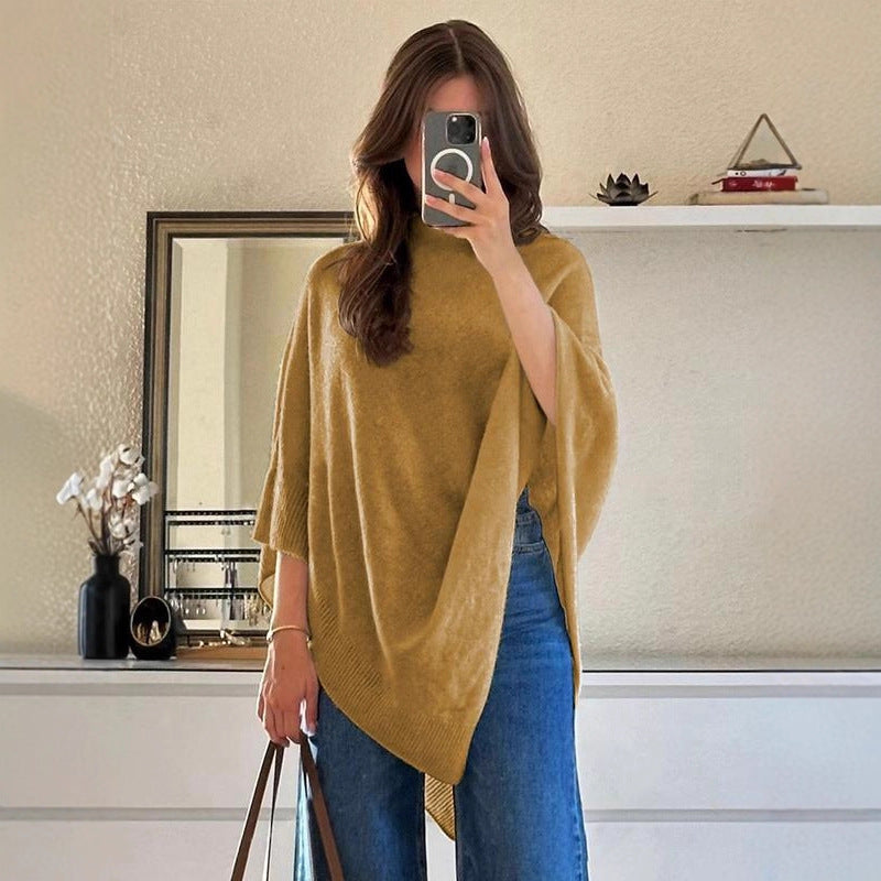 Shawl-neck Sweater Irregular Wool Knitted Cape