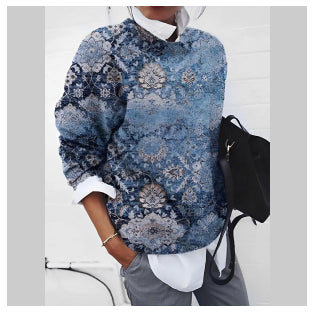 Ladies Fashion Brushed Geometric Print Loose Long Sleeve Hoodie