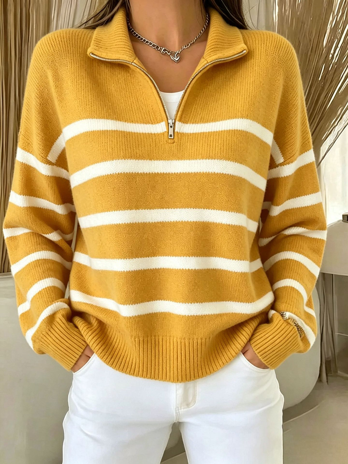 Womens Color-block Sweater with a Half-chain-link Pattern