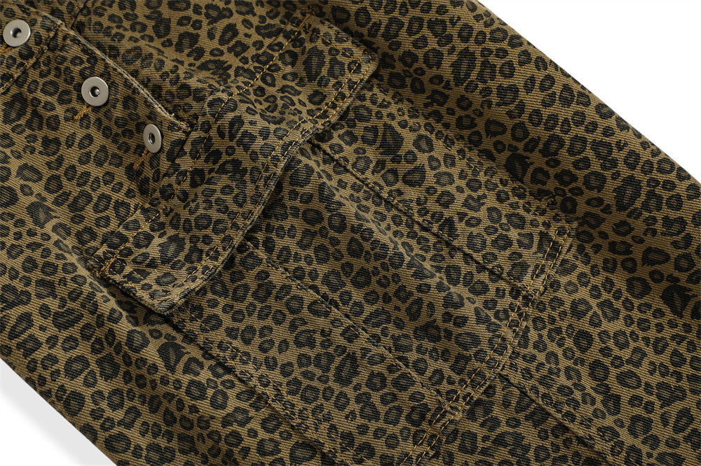 Men's High Street Leopard Print Denim Suspender Pants