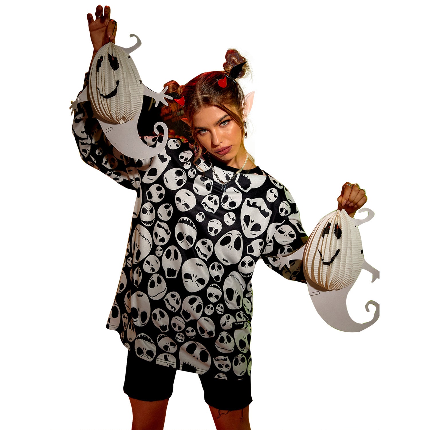 Hip Hop Pullover Women's Sweater Halloween Skull Printed Loose Top