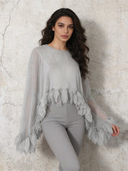 Grey Sheer Chiffon Feather Blouse