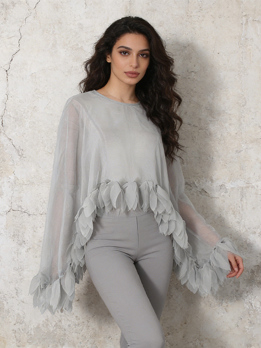 Grey Sheer Chiffon Feather Blouse