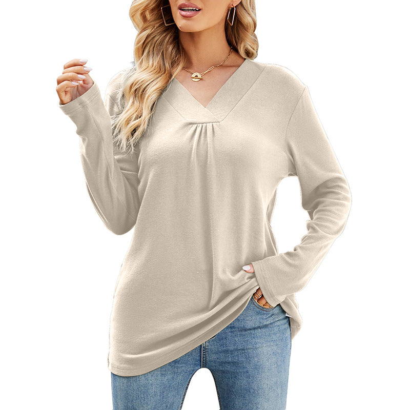 Women's Casual V-Neck Long Sleeve Loose Solid T-Shirt