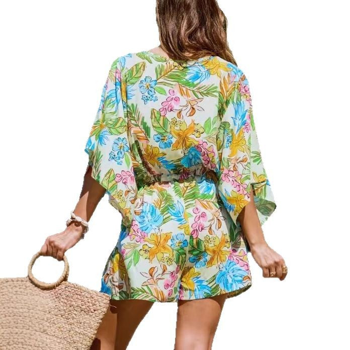 Chic V-Neck Printed Tie-Waist Jumpsuit for Women