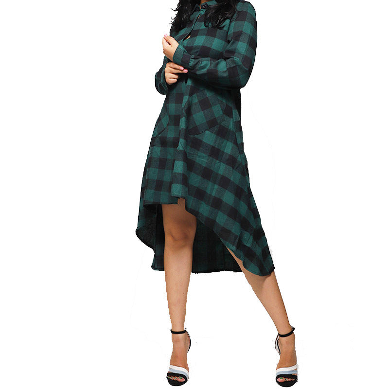 Boyfriend Style Casual Pocket Long Sleeve Plaid Polo Shirt Irregular Coat