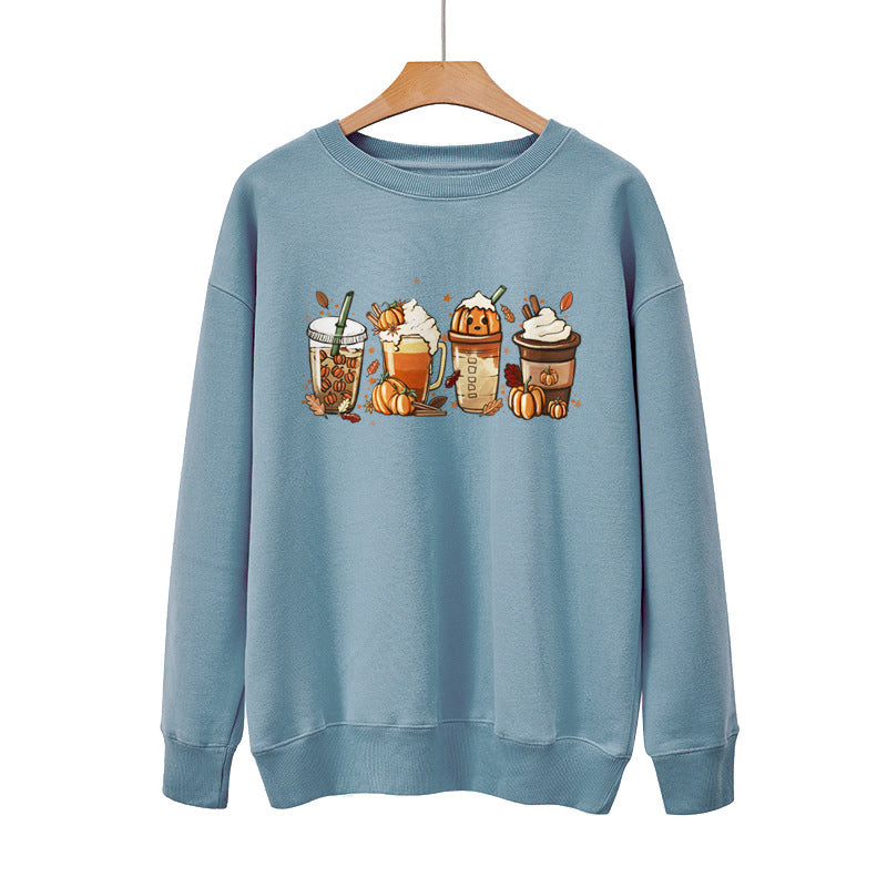 Pumpkin Coffee Halloween Casual Loose Pullover Sweatshirt