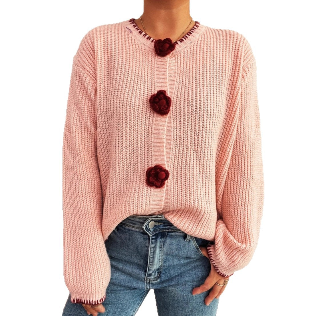 New Cute Flowers Button Simple Street Valentine's Day Sweater