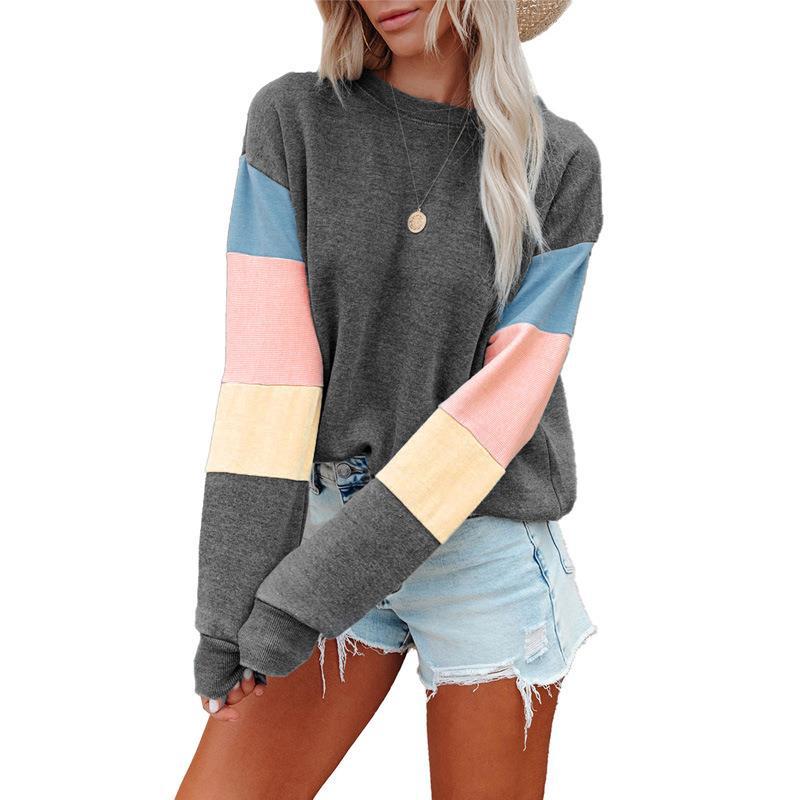 Color Contrast Round Neck Long Sleeve Women's Fashion Tee