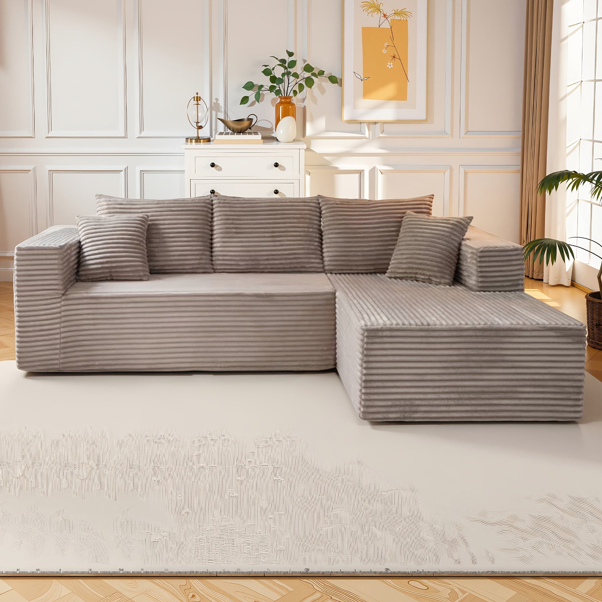 Modular L-shaped chaise longue sofa bed with deep seat and corduroy upholstery