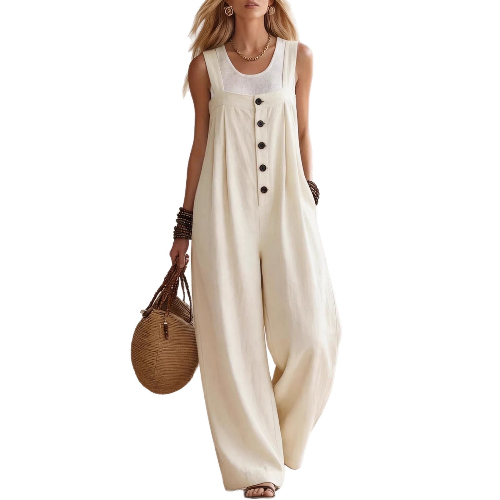 Bohemian Button-Front Suspender Jumpsuit