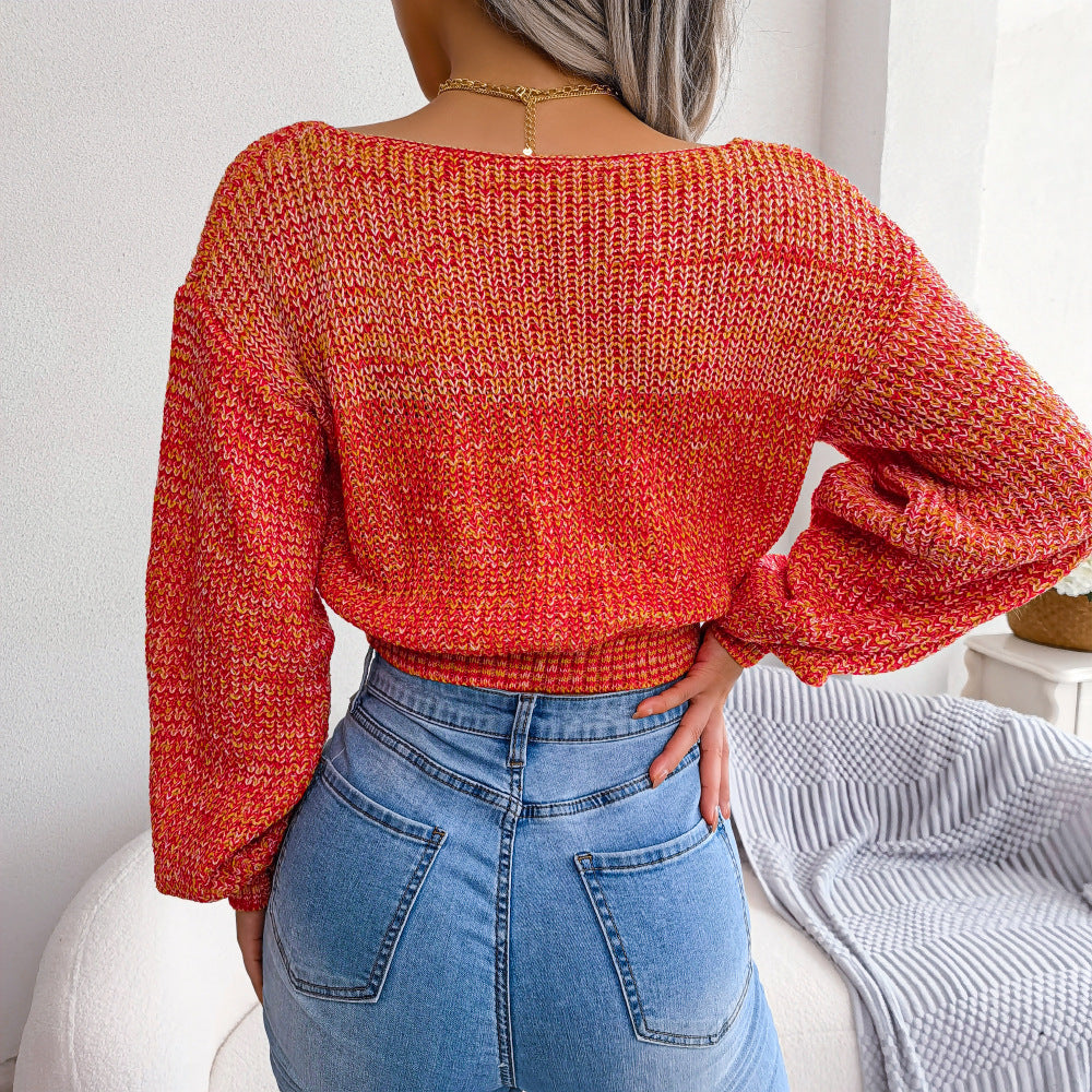 Women Colorful Cross V-neck Lantern Sleeve Cropped Sweater