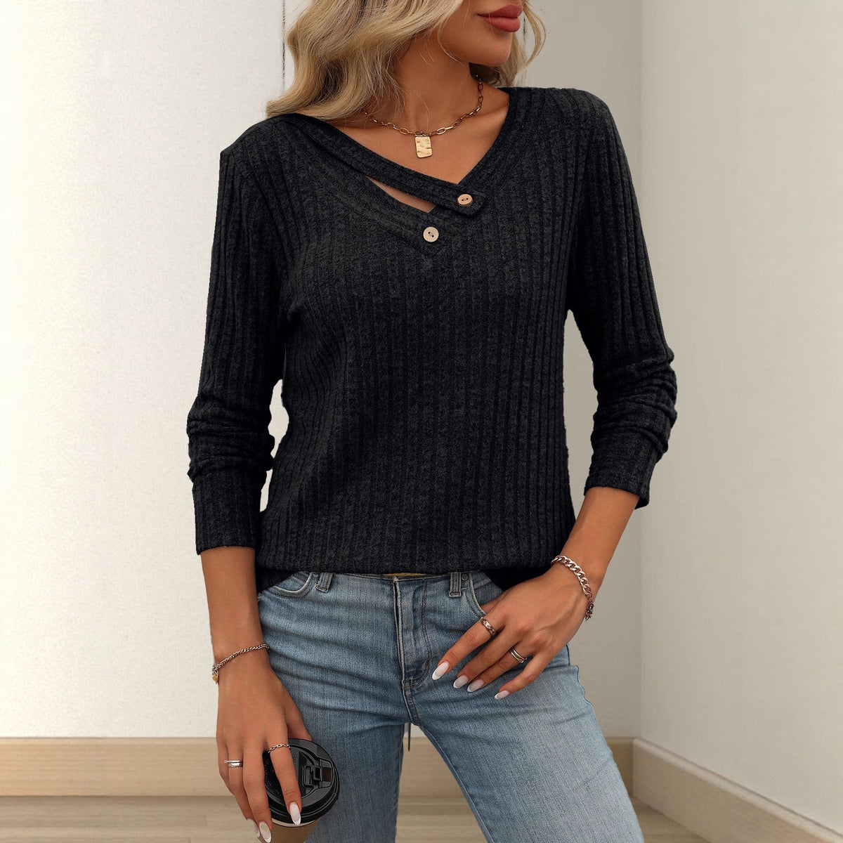 Solid-color V-neck Long-sleeve Knit Top with Buttons