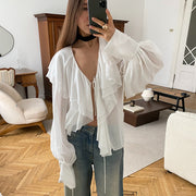 Women's Ruffled Puff-Sleeve Lace-Up V-Neck Chiffon Cardigan Top