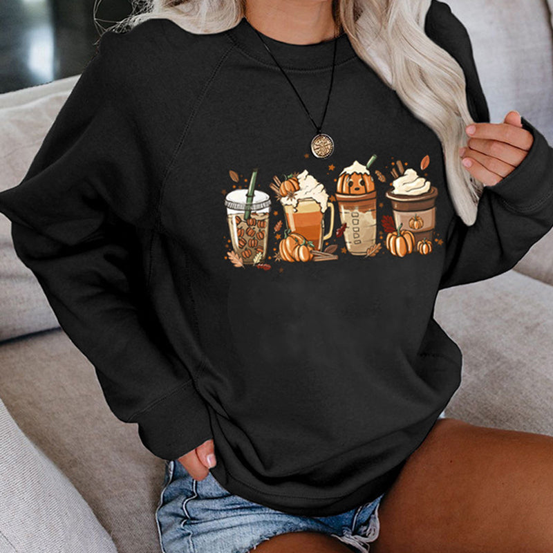 Pumpkin Coffee Halloween Casual Loose Pullover Sweatshirt