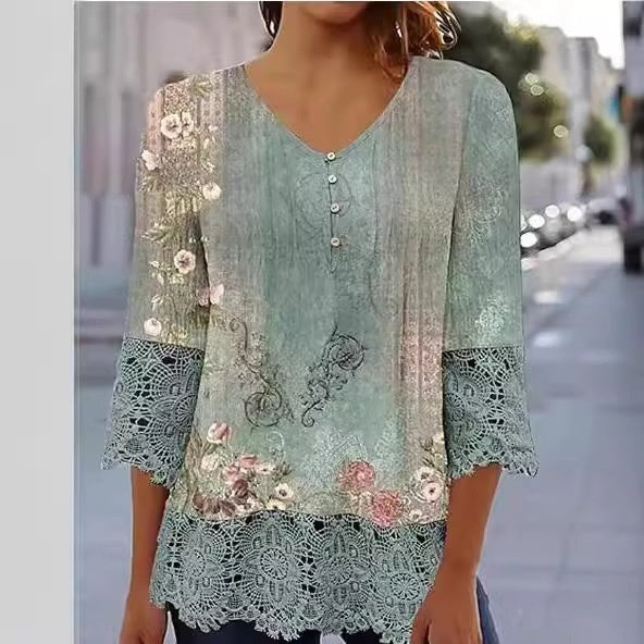 Casual Lace Printed Lace Button Top