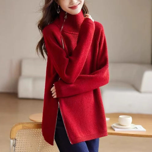 Loose, Mid-length Effortless-style Knitted Sweater for Women with Side Zipper and Lapel Design