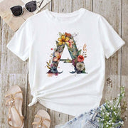 Custom Floral Initial Oversized T‑Shirt – Soft Cotton, White