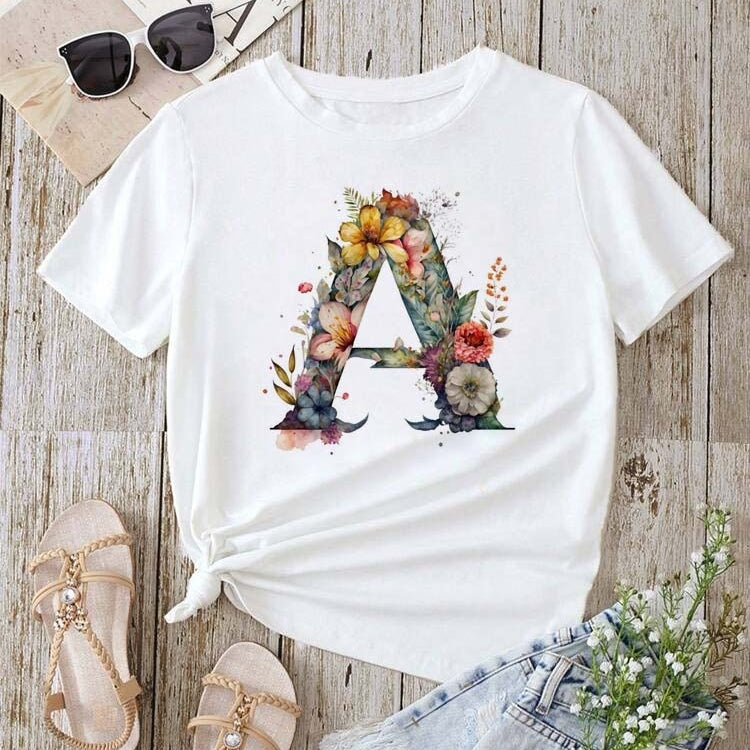 Custom Floral Initial Oversized T‑Shirt – Soft Cotton, White