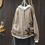 Women's Loose Retro Flower Contrasting Cotton Knit Cardigan