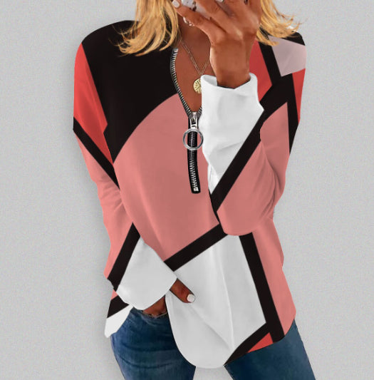 Geometric Print Retro Long-Sleeve Zip Pullover