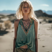 Boho Ethnic Linen V‑Neck Tank Top for Women – Green