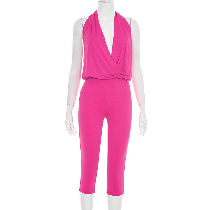 SummerAutumn New Womens Sleeveless Solid-Color Tight Cropped Jumpsuit With Flared Legs