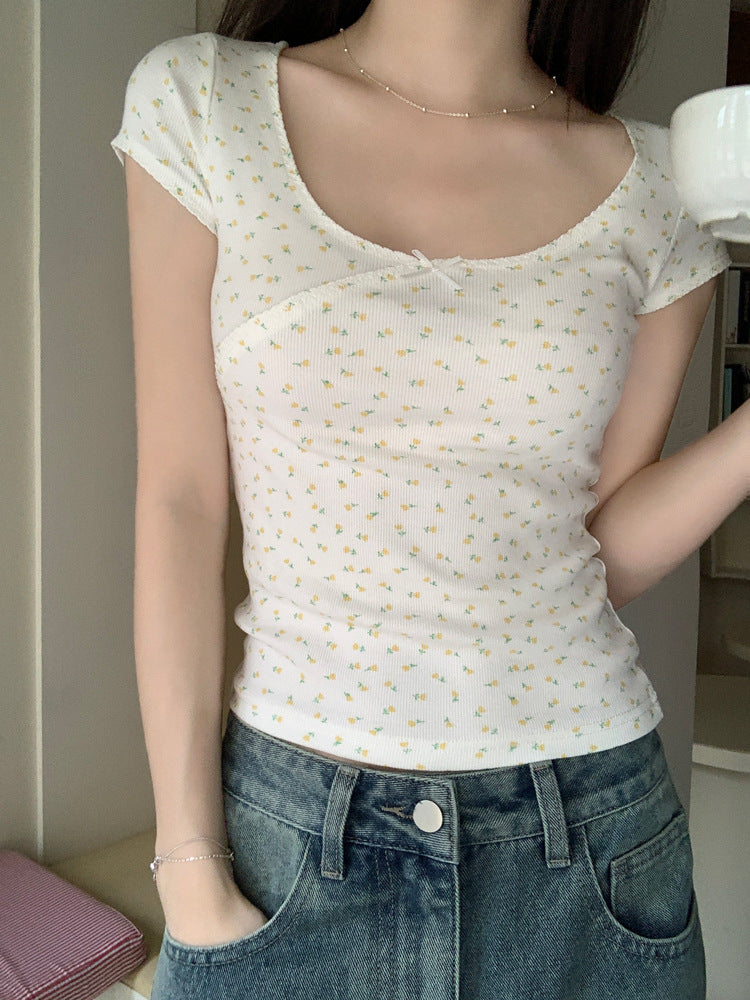 Floral Bow Short-Sleeve Scoop Neck Tee