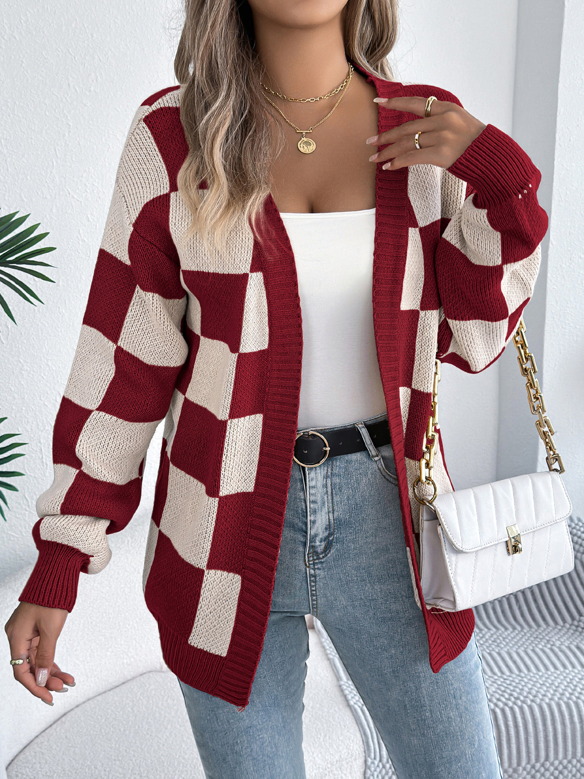 Color Block Plaid Lantern Sleeve Cardigan Sweater Mid-length Coat