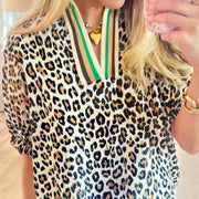 Leopard Print V-Neck Shirt – Bold Stripes & Short Sleeves