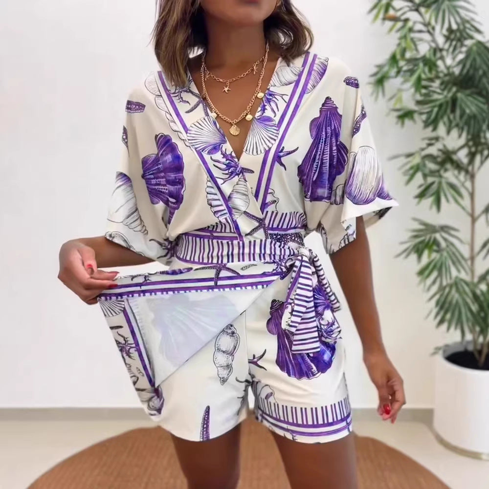 Women's Printed V-Neck Casual Wrap Jumpsuit