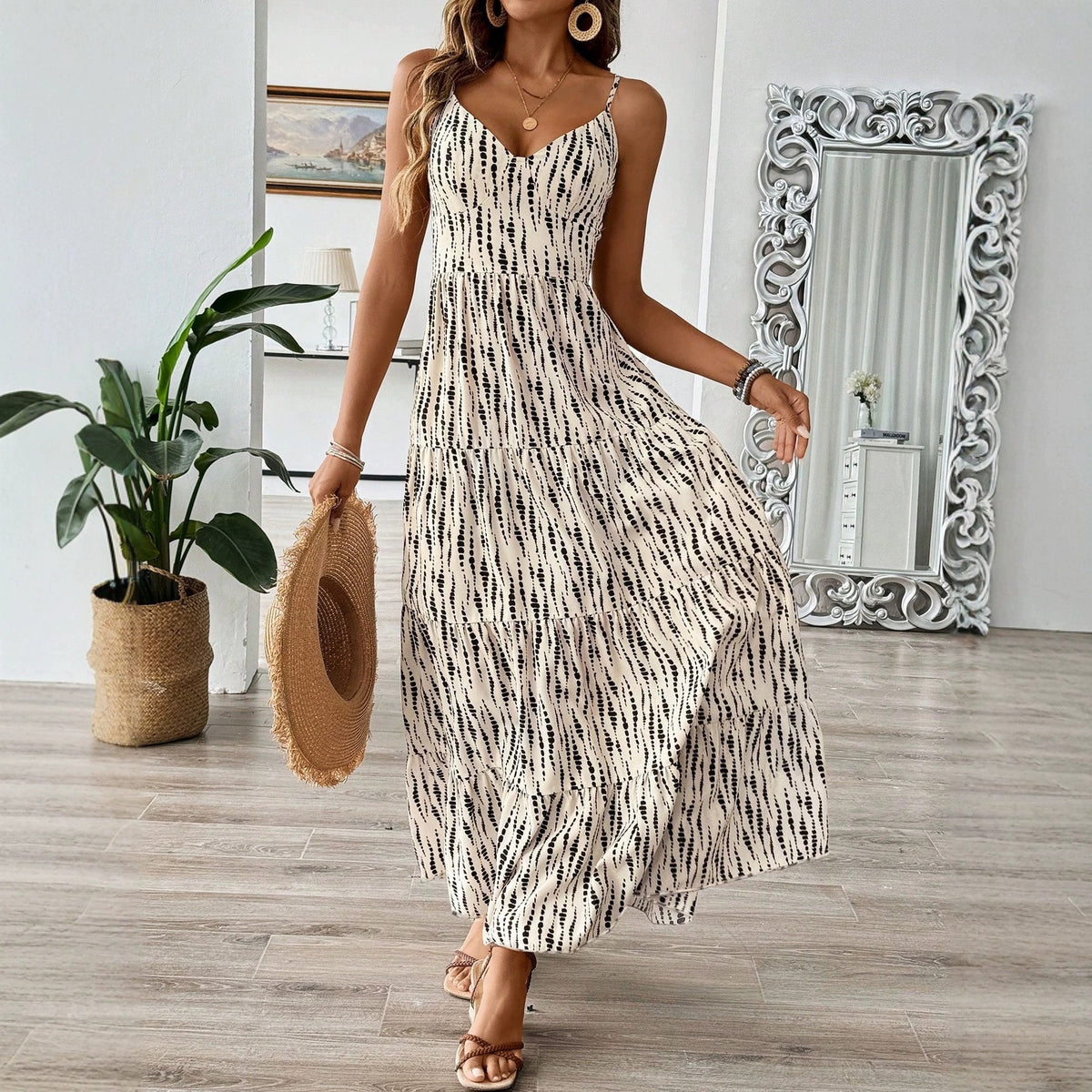 Summer Strap Backless Lace-up Striped Dress