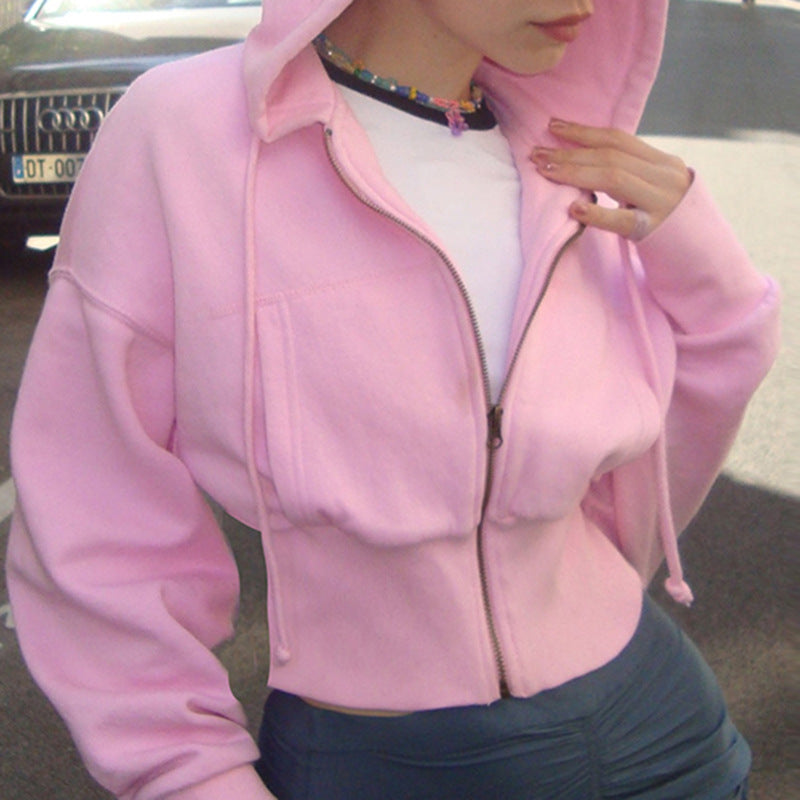 Street Style Cropped Zip-Up Hoodie