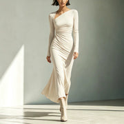 Elegant Pleated Long-Sleeve Maxi Dress