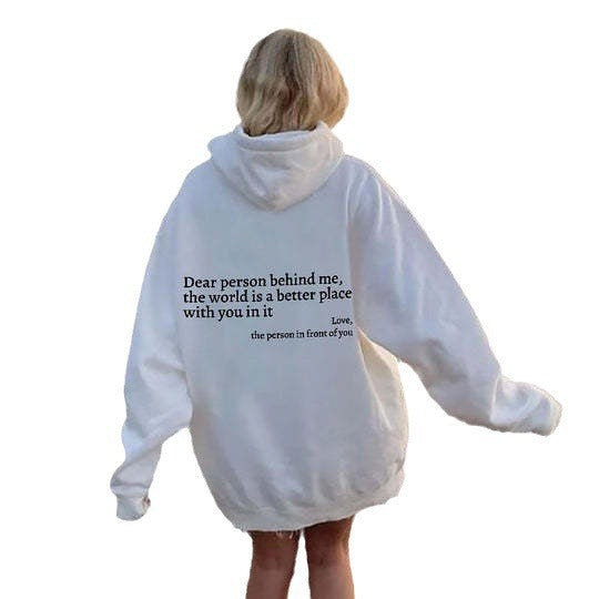 Casual Letter Print Long Sleeve Loose Hooded Pullover