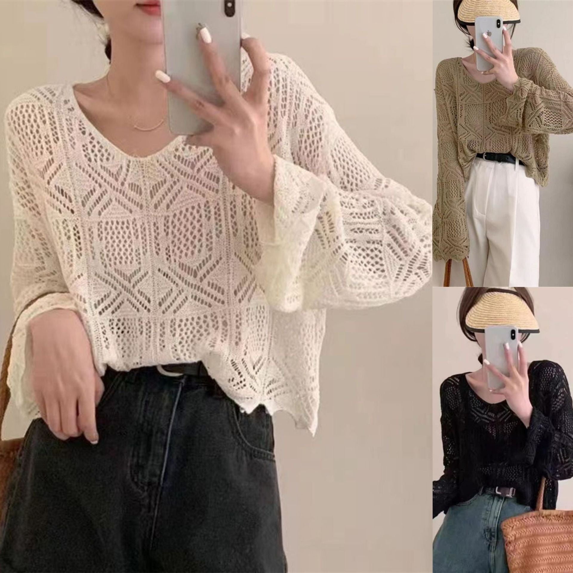Summer New V-neck Hollowed Fashion Loose Sun-protection Shirt