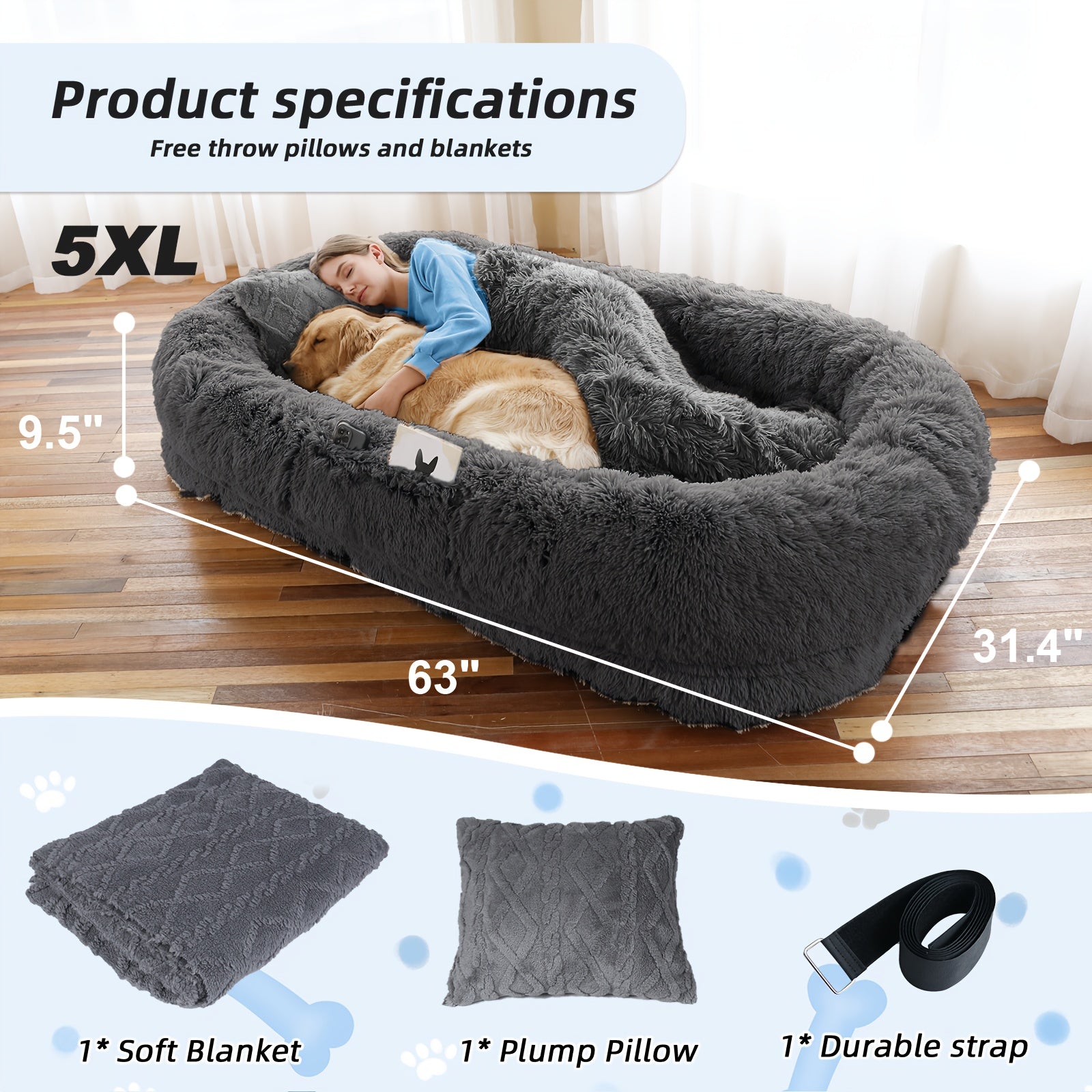 Human Dog Bed For You And Your Pets, Washable Faux Fur Orthopedic Napping Bed With Plump Pillow, Blanket, And Strap - Grey