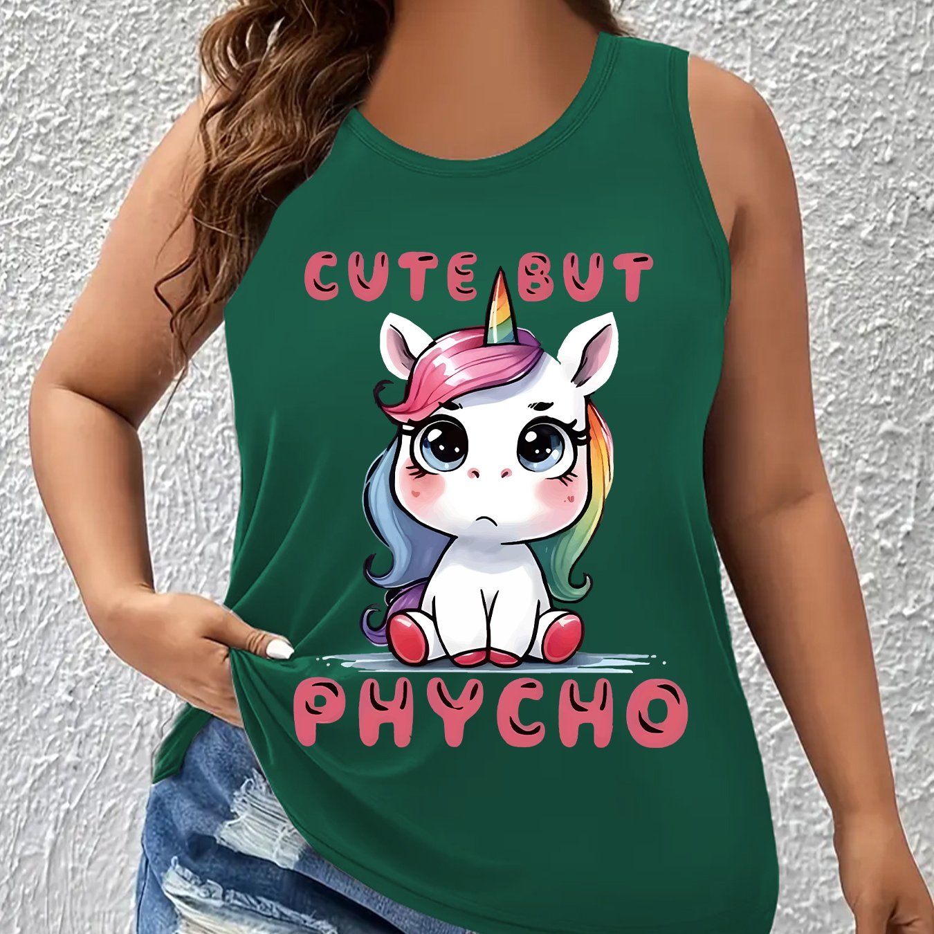 Plus Size Women's Unicorn Print Tank Top – Round Neck, All‑Season