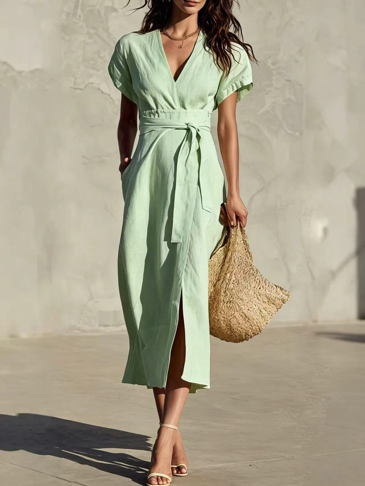 Casual Minimalist Solid-color V-neck Midi Dress with Pockets and Lacing
