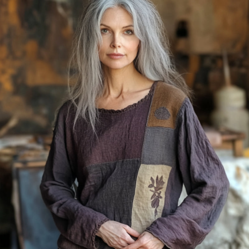 Women's Floral Patchwork Cotton And Linen T-shirt