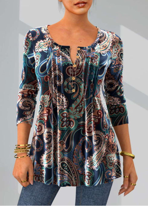 Chic Fashion Print Round Neck Long Sleeve Top