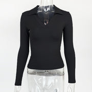 French-style Elegant Polo-neck Tight-fitting Pure Cotton Ribbed Fabric Deep V-neck Long-sleeve T-shirt