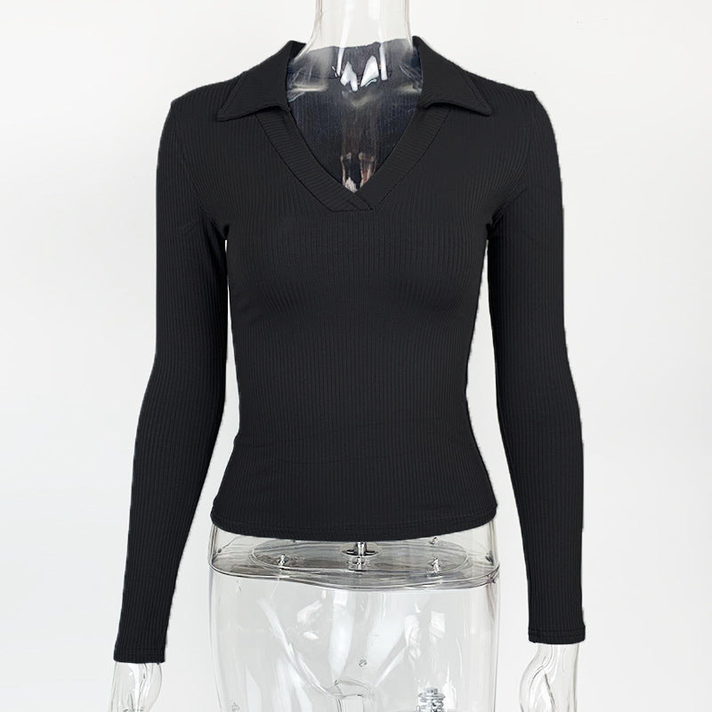 French-style Elegant Polo-neck Tight-fitting Pure Cotton Ribbed Fabric Deep V-neck Long-sleeve T-shirt